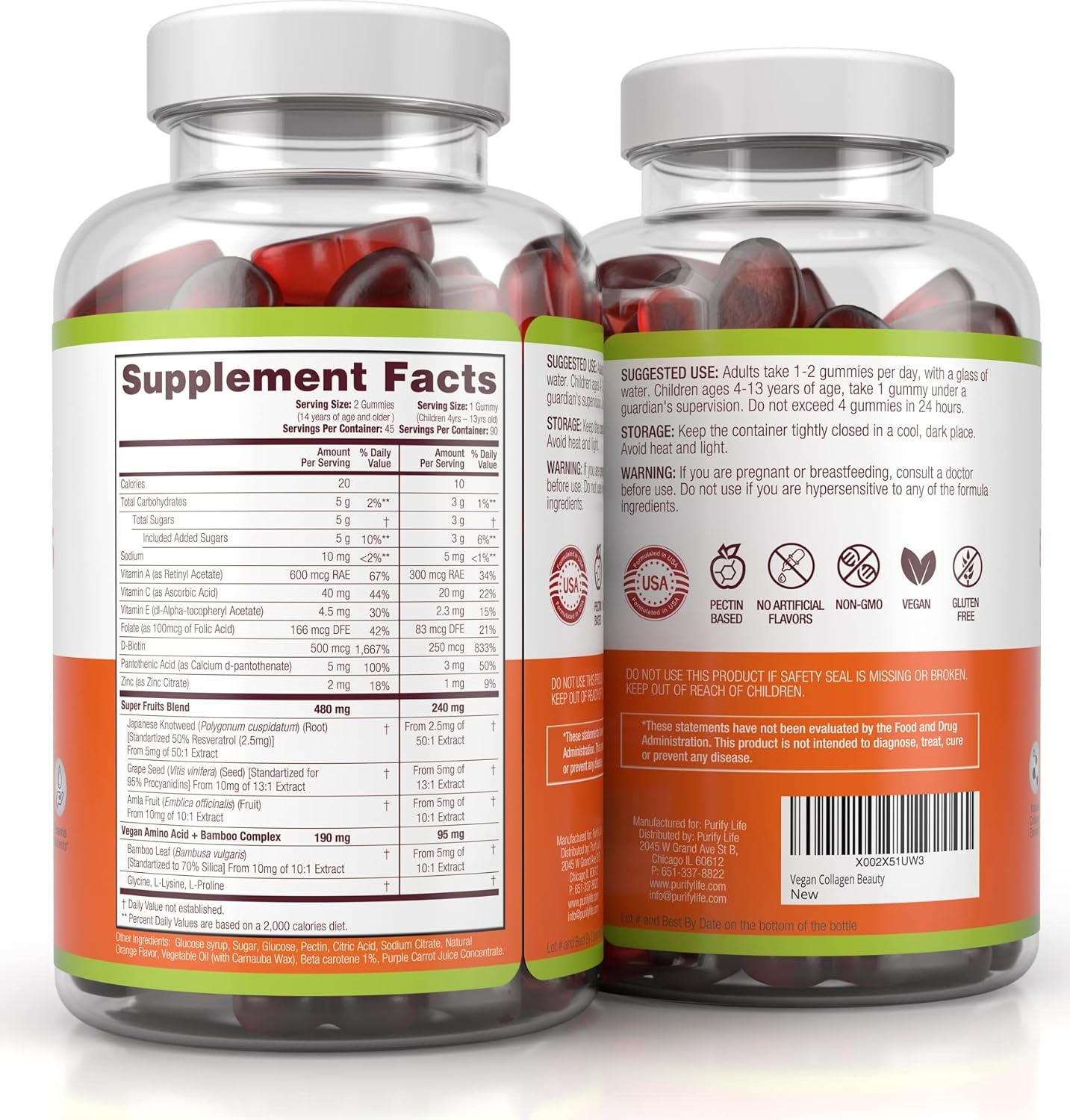 Ingredient list for Vegan Collagen Booster Gummies with Biotin Vitamins for Hair Skin and Nails Health, Anti-Aging (90 Chews)
