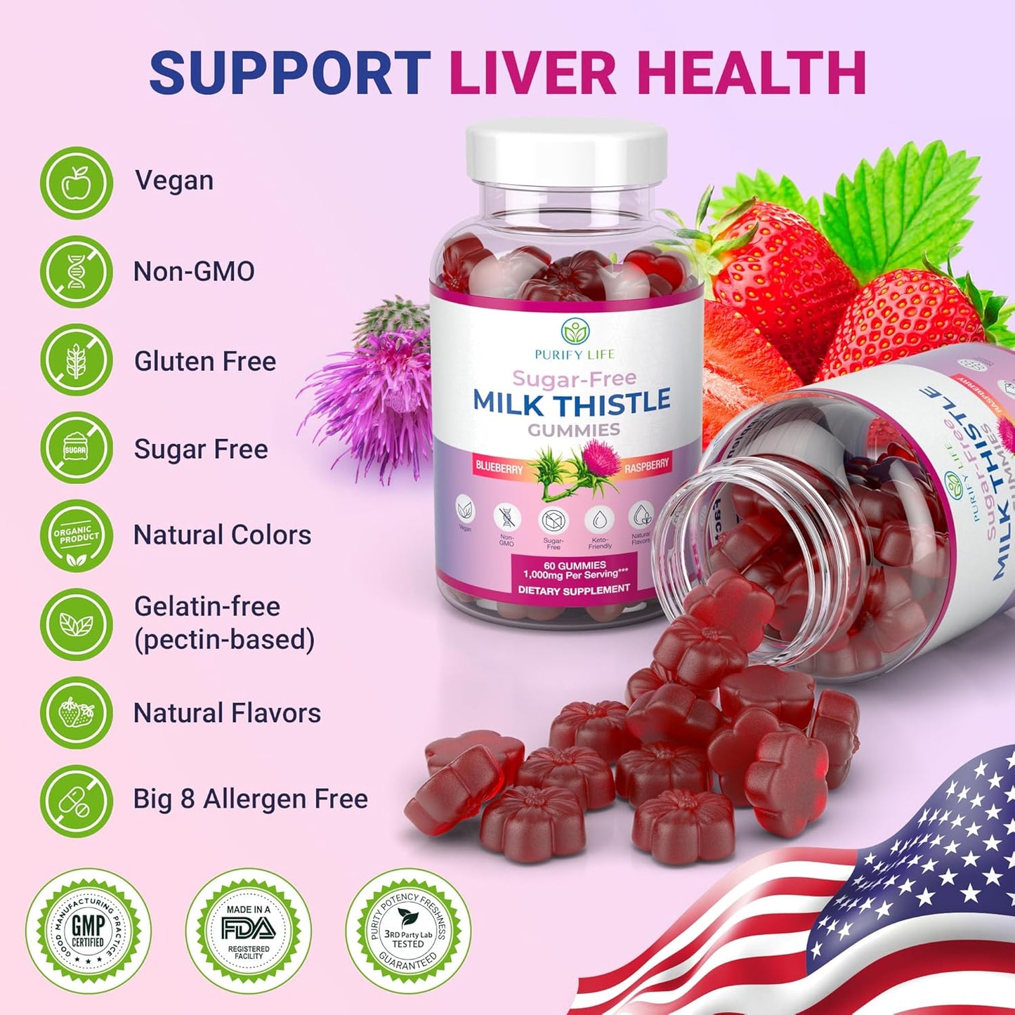 Sugar Free Milk Thistle Gummies for Liver Function, Detox & Cleanse, Hangover Relief - Vegan America