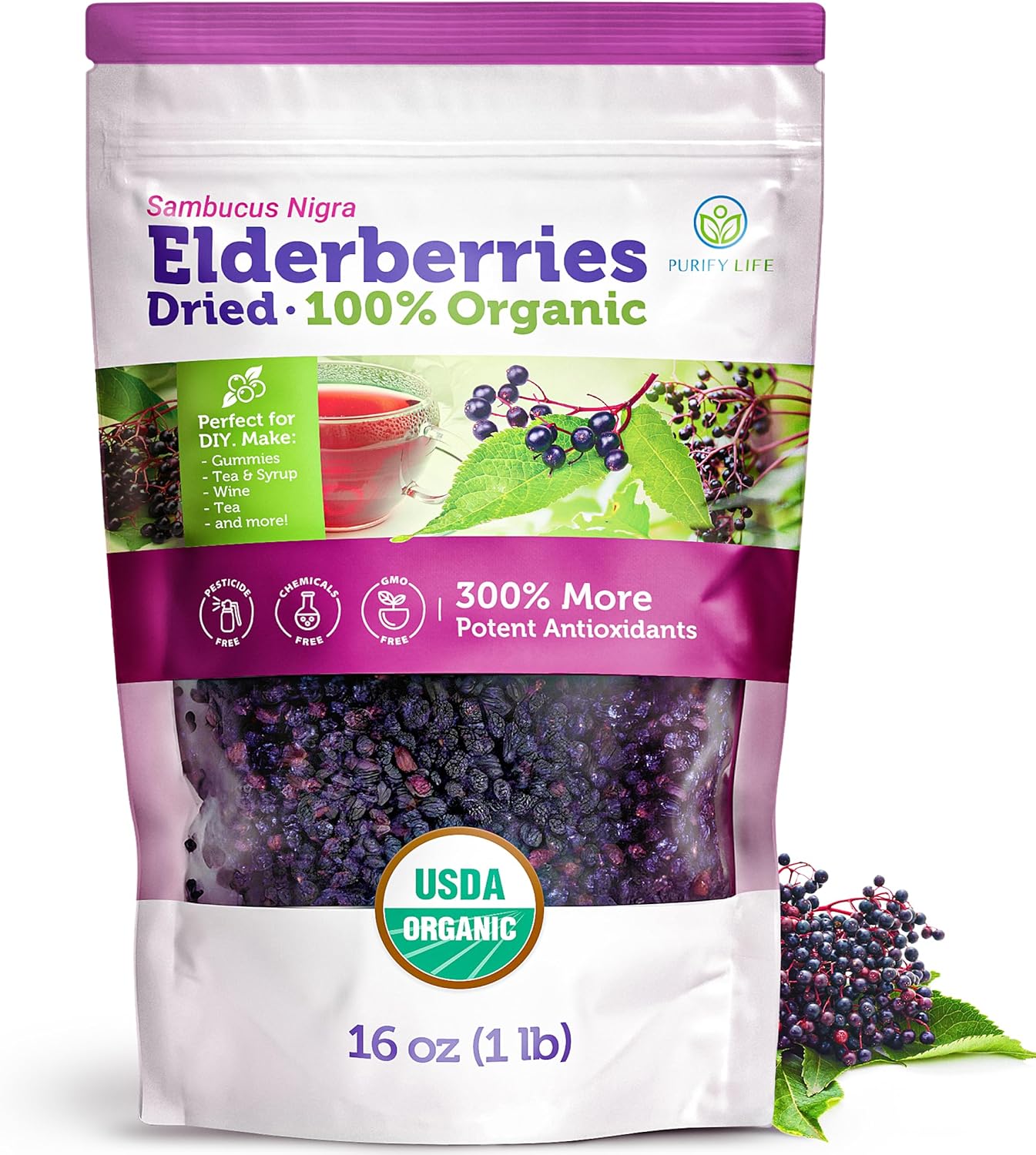 USDA Certified Organic Dried Elderberries - Bulk - 1 lb - Natural Ingredients - Vegan America