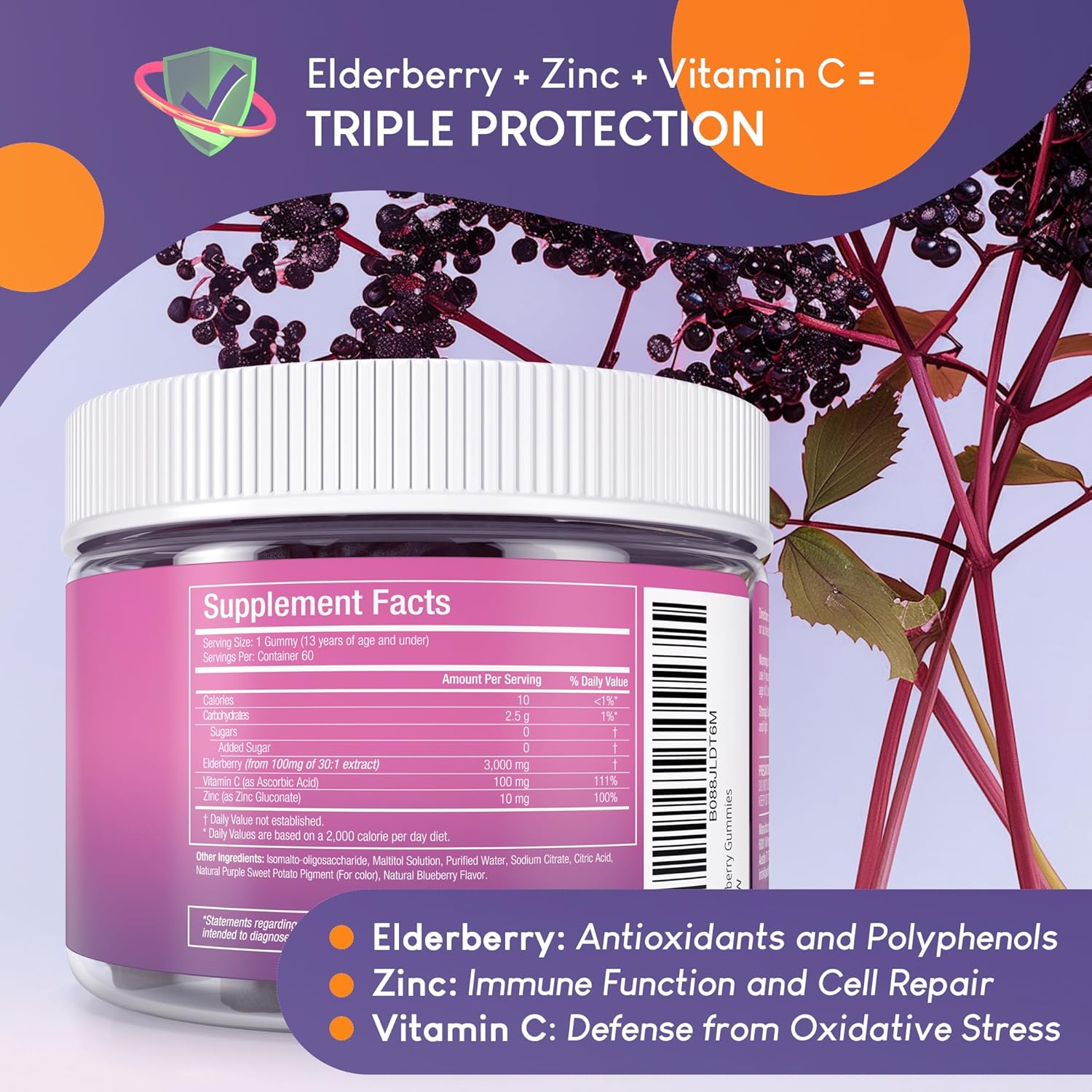 Ingredient list for Kids Elderberry Gummies With Zinc and Vitamin C - Premium Immune Support Chewable Gummy for Kids Age 2-13