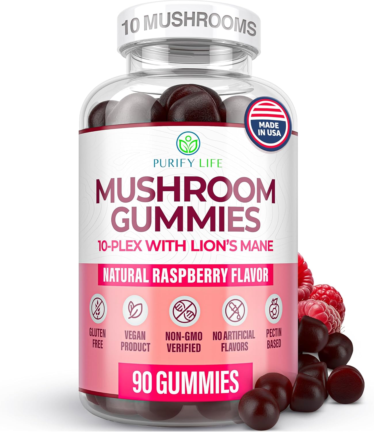 Mushroom Complex Gummies - 10 Mushroom Supplement w Lions Mane Gushrooms (90 Chews 2500mg/serving) - Vegan America