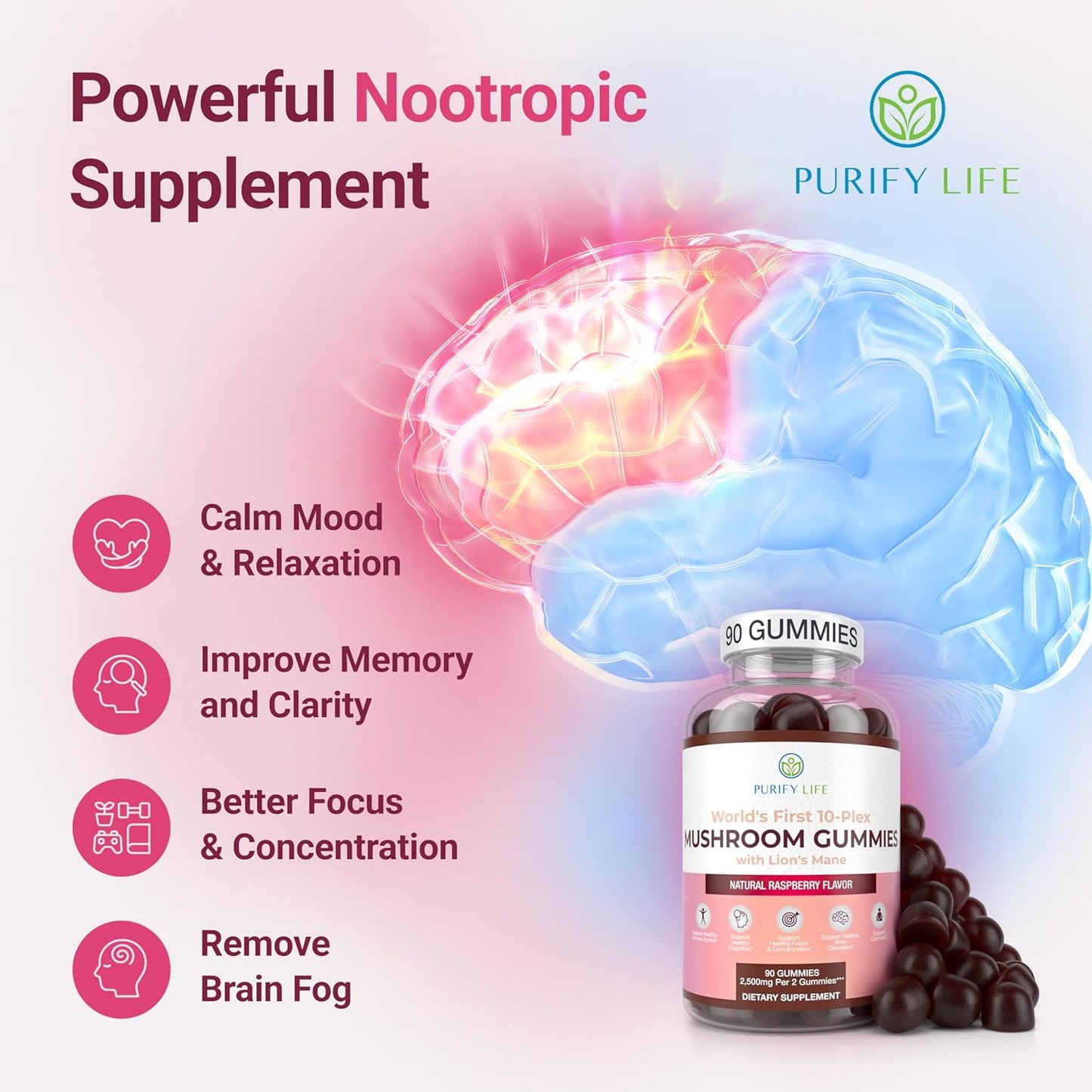 Mushroom Complex Gummies - 10 Mushroom Supplement w Lions Mane Gushrooms (90 Chews 2500mg/serving) - Vegan America