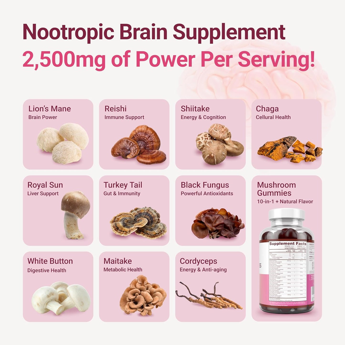 Mushroom Complex Gummies - 10 Mushroom Supplement w Lions Mane Gushrooms (90 Chews 2500mg/serving) - Vegan America