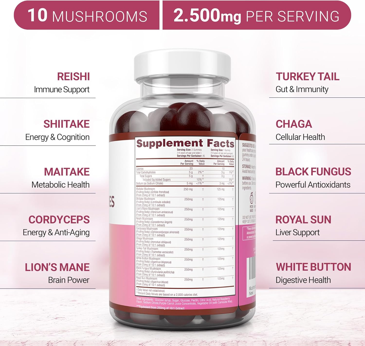 Ingredient list for Mushroom Complex Gummies - 10 Mushroom Supplement w Lions Mane Gushrooms (90 Chews 2500mg/serving)