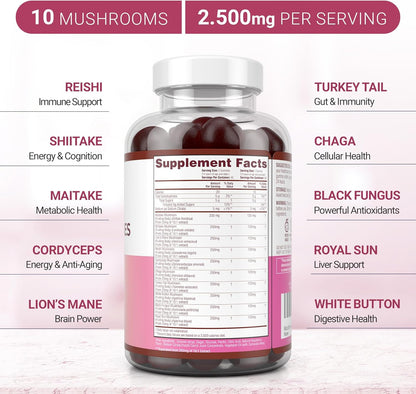 Mushroom Complex Gummies - 10 Mushroom Supplement w Lions Mane Gushrooms (90 Chews 2500mg/serving) - Vegan America