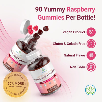 Mushroom Complex Gummies - 10 Mushroom Supplement w Lions Mane Gushrooms (90 Chews 2500mg/serving) - Vegan America