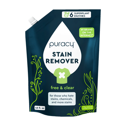 Puracy Laundry Stain Remover pouch: hypoallergenic with green design and superplant enzymes.