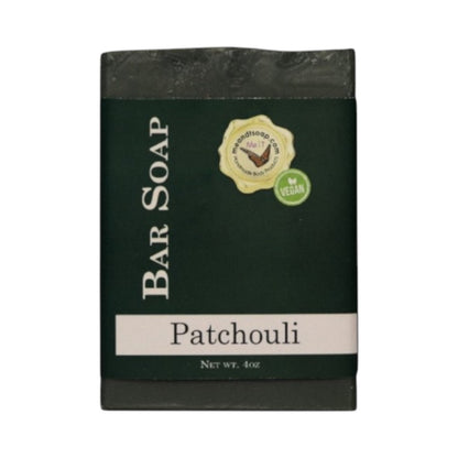 Patchouli Bar Soap shown with a dark green wrapper