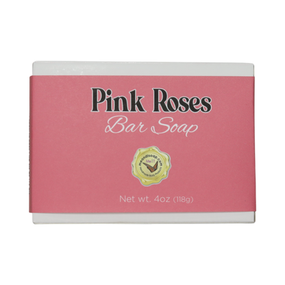 Pink Roses Bar Soap in a white box with a pink label