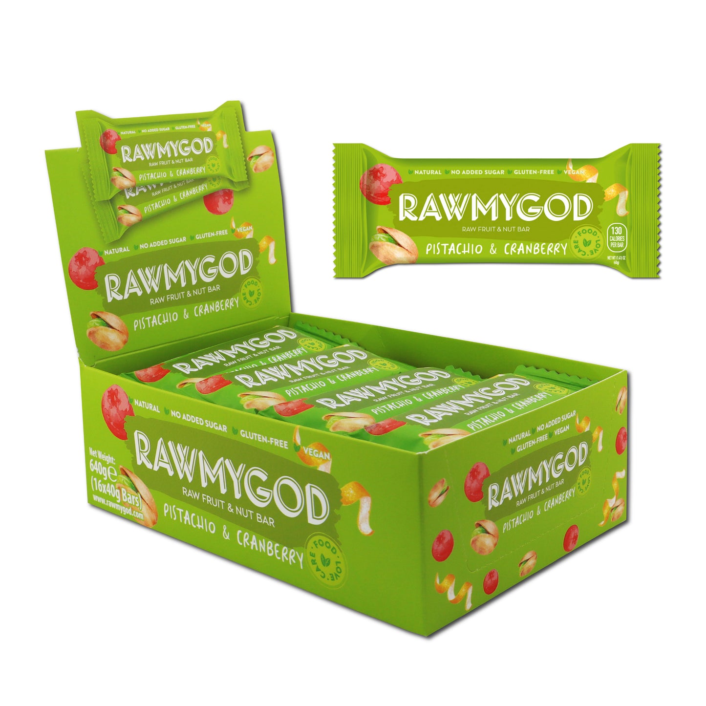 RAWMYGOD Pistachio & Cranberry Raw Fruit & Nut Bar, Box of 16