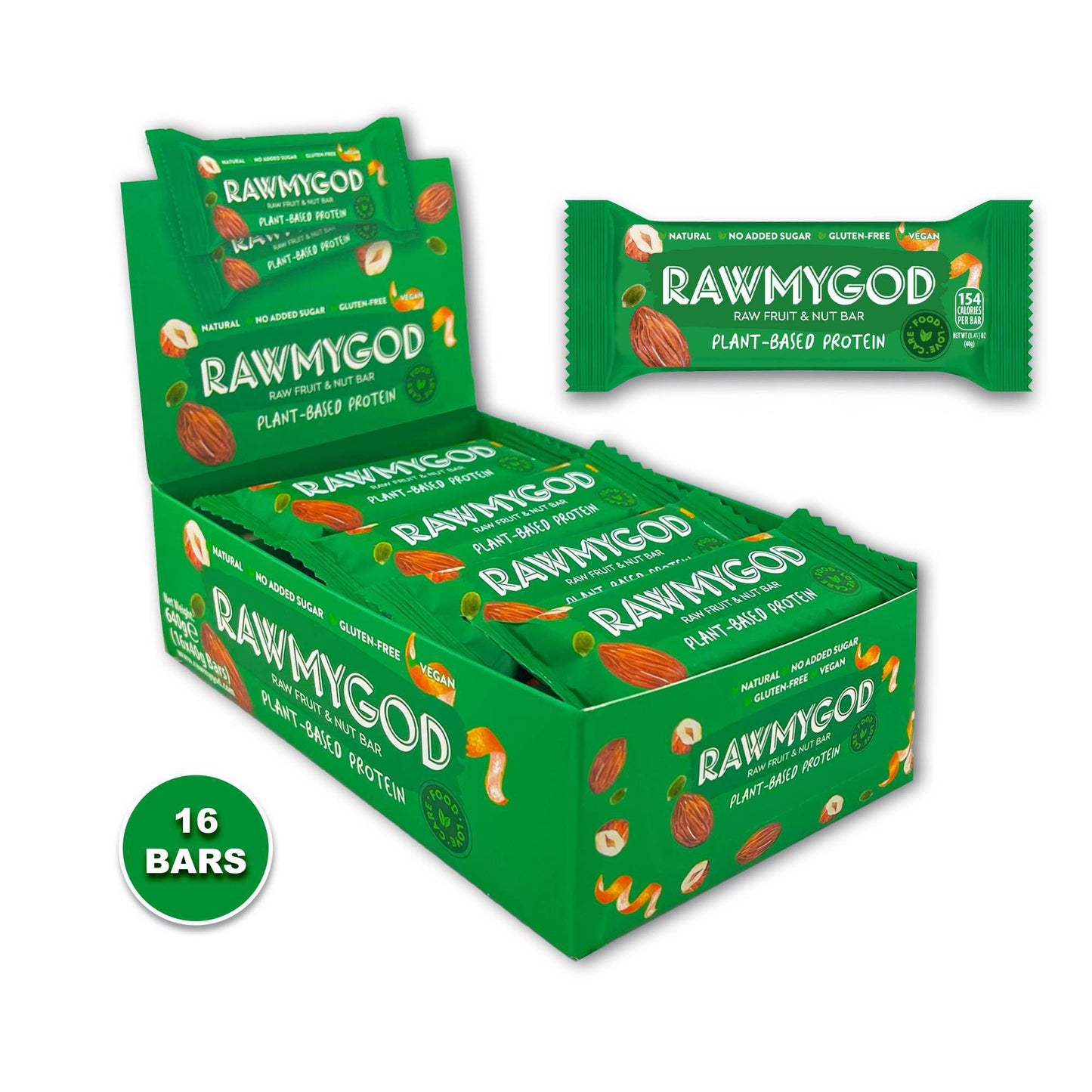 RAWMYGOD Plant-Based Protein Raw Fruit & Nut Bar, Box of 16