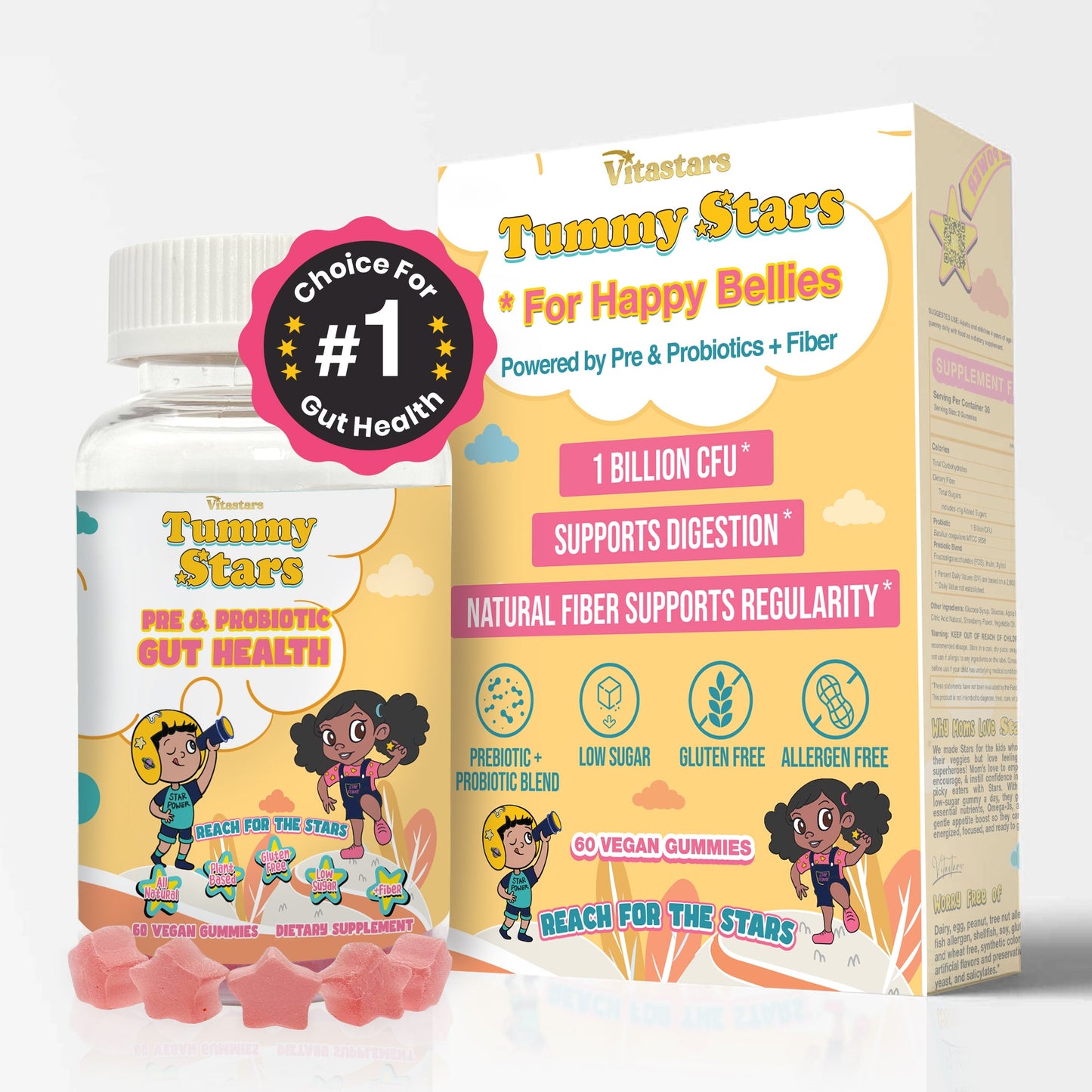 Tummy Stars Kids Prebiotic & Probiotic Gummies + Fiber – Gut Health & Digestion Support for Kids | Promotes Regularity, Detox Support & Mood Support | Vegan, 60 Count