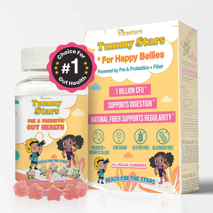 Tummy Stars Kids Prebiotic & Probiotic Gummies + Fiber – Gut Health & Digestion Support for Kids | Promotes Regularity, Detox Support & Mood Support | Vegan, 60 Count
