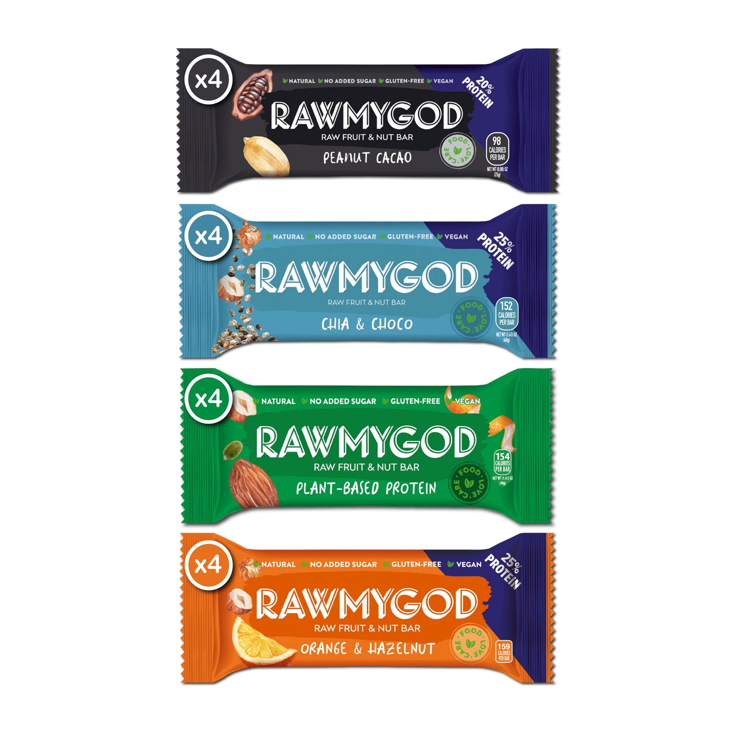RAWMYGOD Protein Pack - 4 Orange & Hazelnut, 4 Fruit & Nut Plant Based, 4 Chic & Choco, 4 Peanut & Cacao - 16 pack