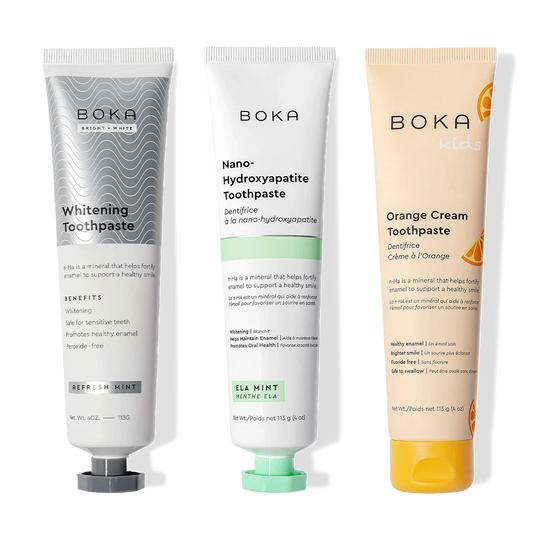 Gallery view - Three-pack of Boka Nano (n-Ha) Whitening Toothpaste, including Refresh Mint and Kids Orange Cream.