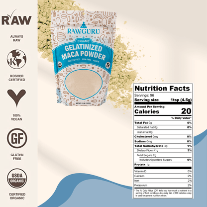 RawGuru Raw Organic Gelatinized Maca Powder - 16 oz - Vegan America