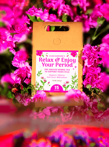 Relax & Enjoy Your Period • Pre-bagged herbal tea with mugwort, red clover, wild lettuce, and hibiscus for a pleasant period & PMS relief