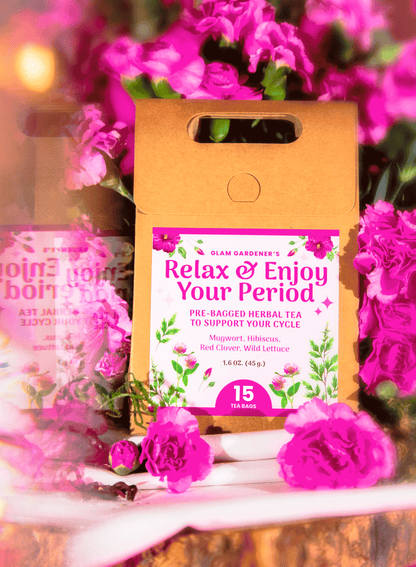 Relax & Enjoy Your Period • Pre-bagged herbal tea with mugwort, red clover, wild lettuce, and hibiscus for a pleasant period & PMS relief