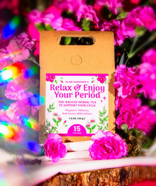 Relax & Enjoy Your Period bagged herbal tea with mugwort, red clover, wild lettuce, and hibiscus for a pleasant period and PMS relief