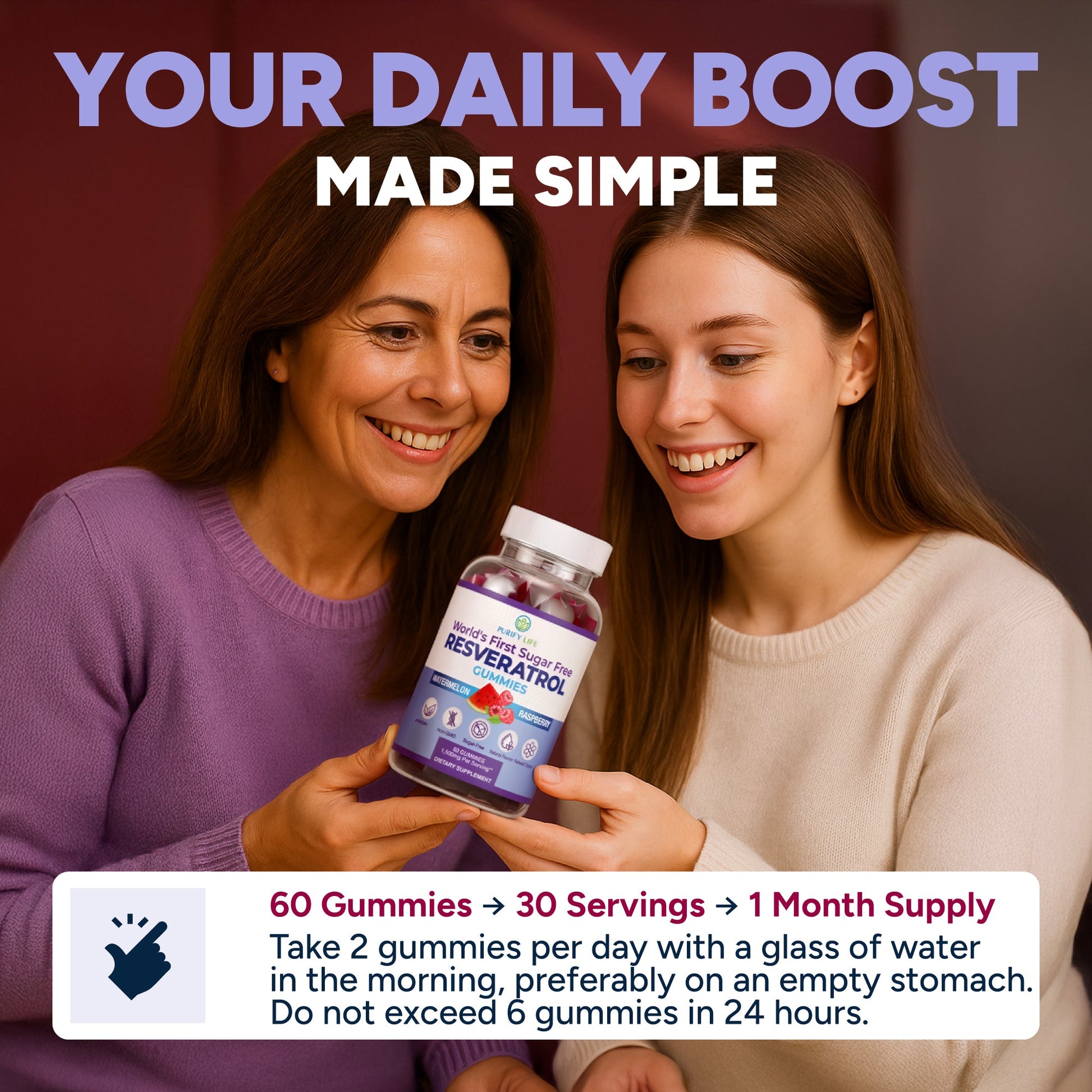 Sugar Free Resveratrol Gummies 1,500mg/Serving - Anti - Aging Chews - Vegan America