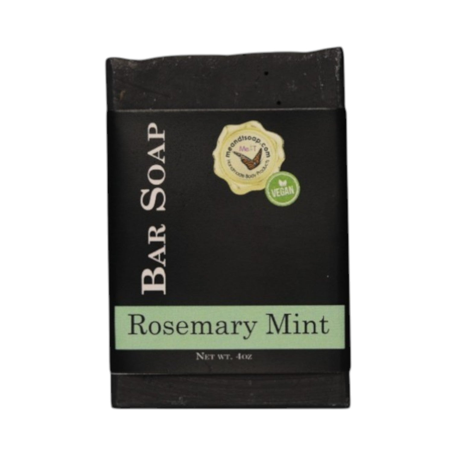Rosemary Mint Bar soap shown with a black wrapper and a green fragrance bar