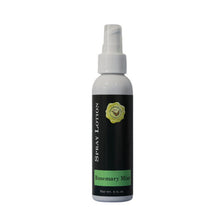 Rosemary mint spray lotion shown in a white bottle with a black label and a light green fragrance band
