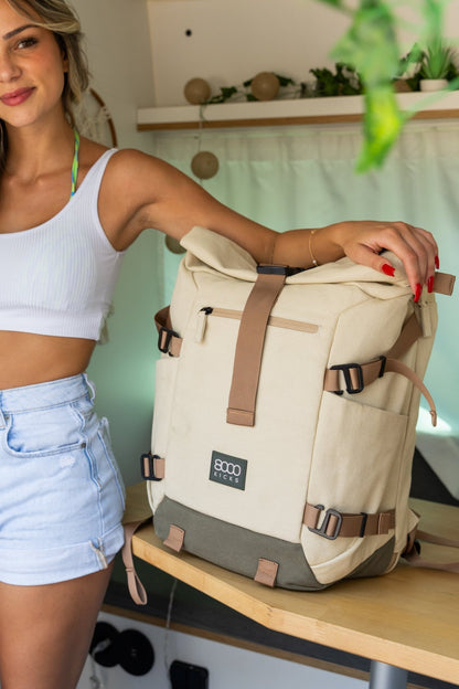 Nomad Hemp Rolltop Backpack in Beige and Green - Vegan America