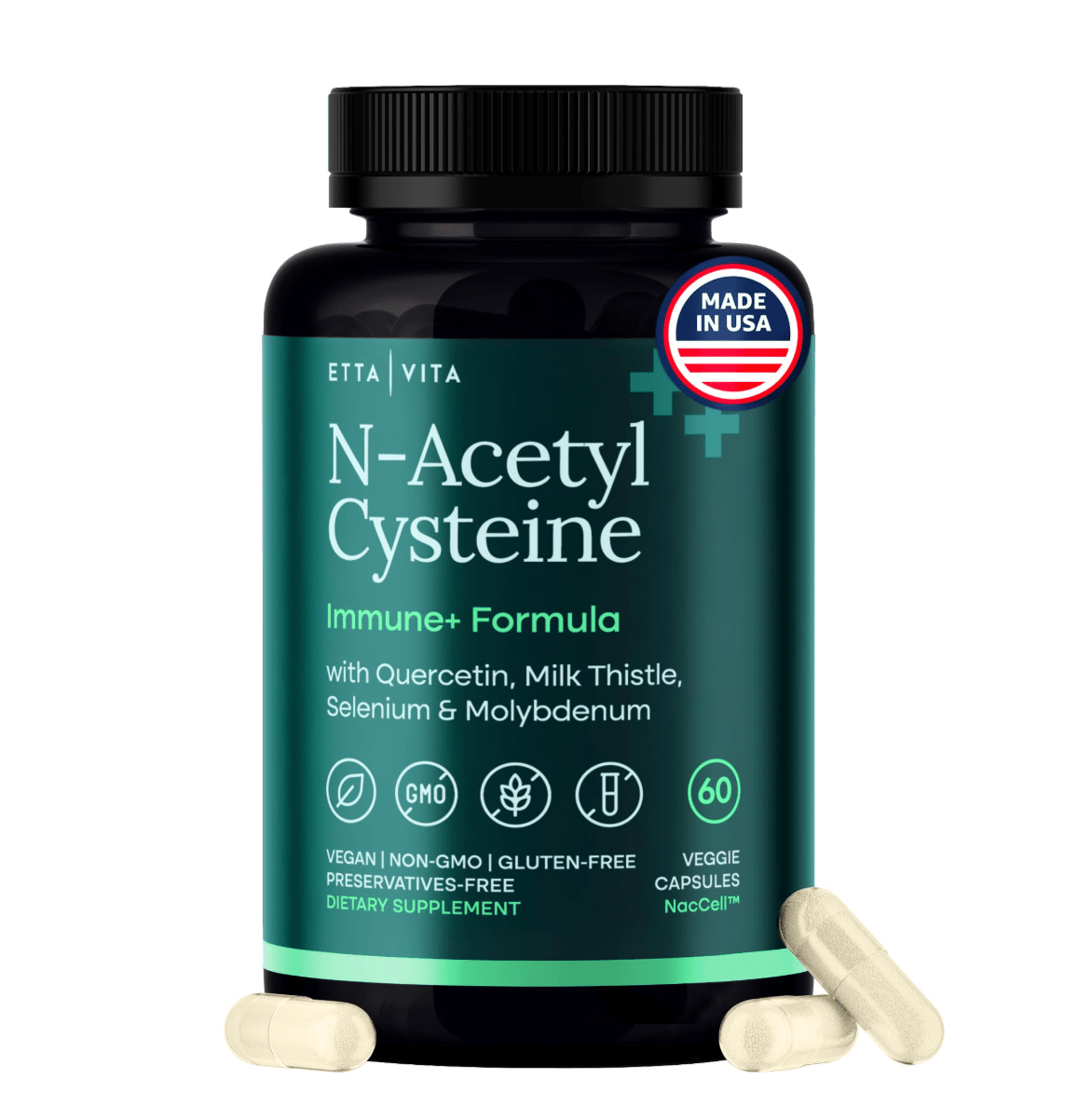 NAC Supplement N - Acetyl Cysteine 600mg with Quercetin, Milk Thistle, Molybdenum & Selenium - Vegan America
