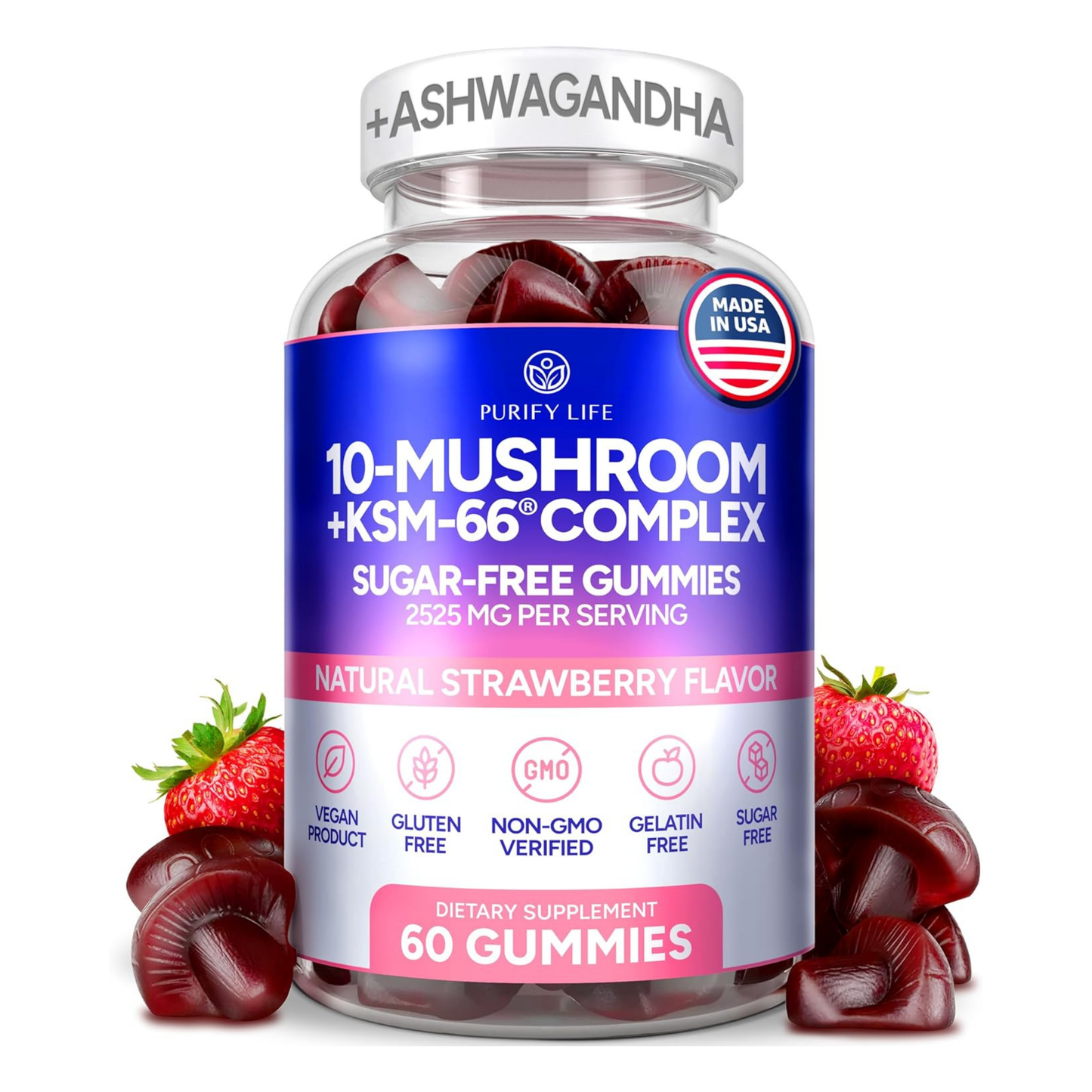 Sugar-Free Mushroom Gummies with KSM 66 Ashwagandha, Natural Stress Support - Vegan America