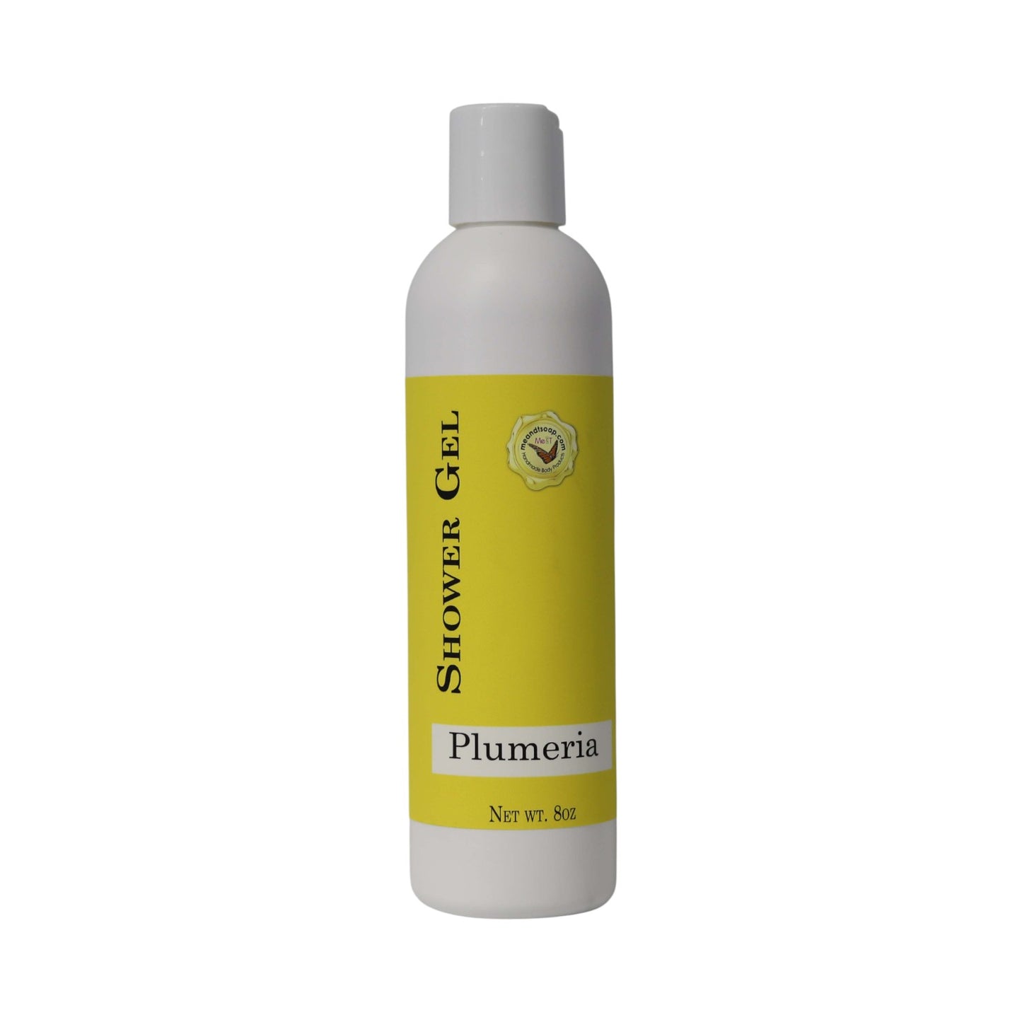 Plumeria Shower Gel shown in a white bottle with a yellow label