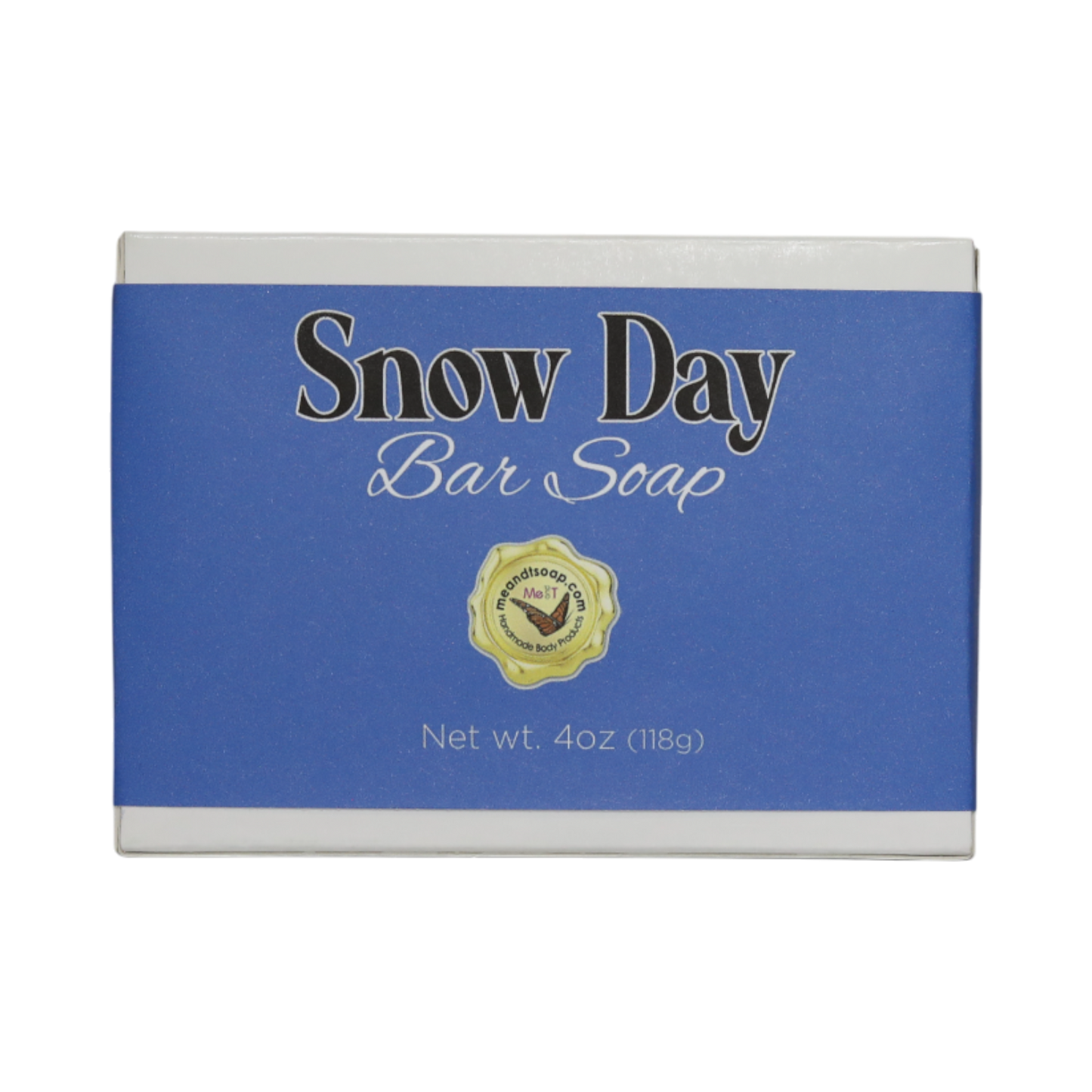Snow Day Bar Soap ina white box with a blue label