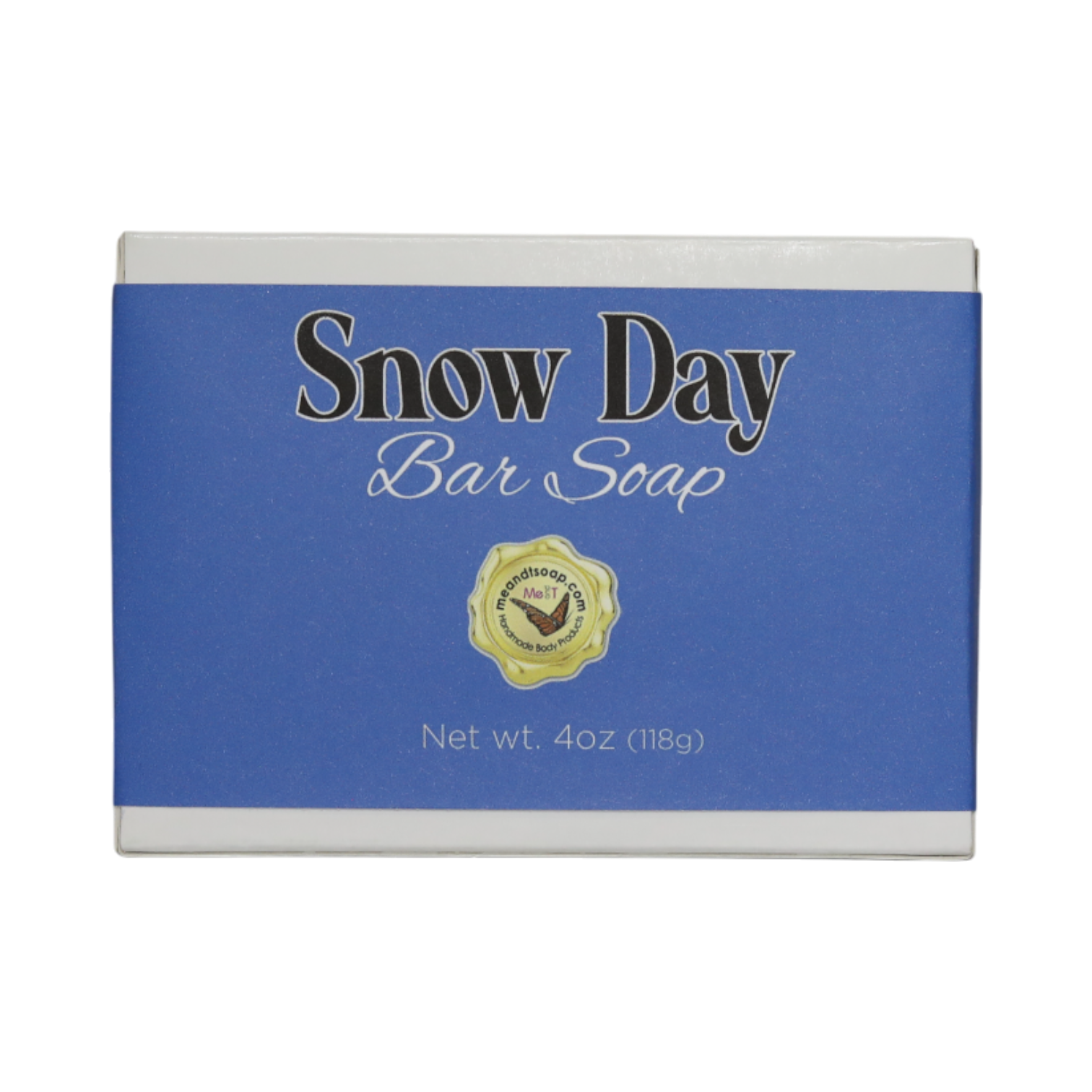 Snow Day Bar Soap ina white box with a blue label