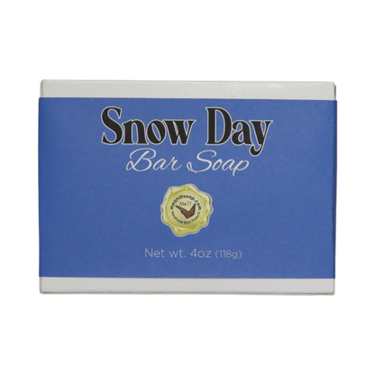 Snow Day Bar Soap ina white box with a blue label