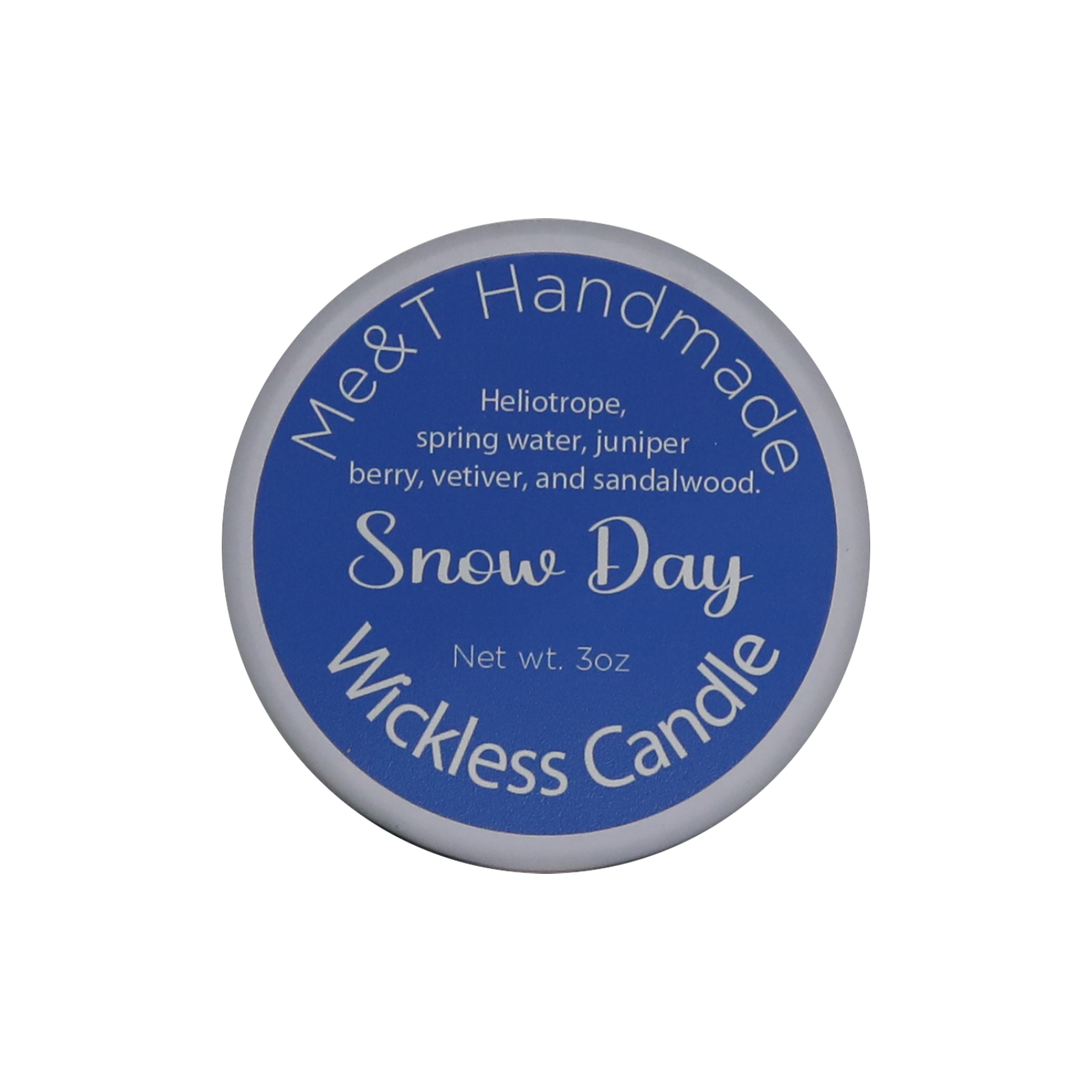 Snow Day Wickless candle shown from the top in a white tin with a blue label