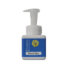 Snow Day Foaming Hand Soap shown in a square, white bottle with a simple blue label
