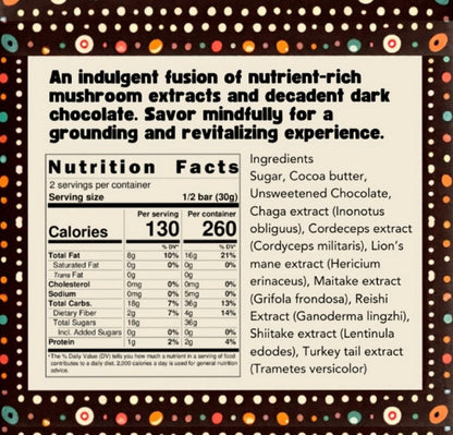 Stoffo’s 7 Mushroom Dark Chocolate Bar with Chaga, Reishi, Lion’s Mane, Turkey Tail, Cordyceps, Shiitake & Maitake