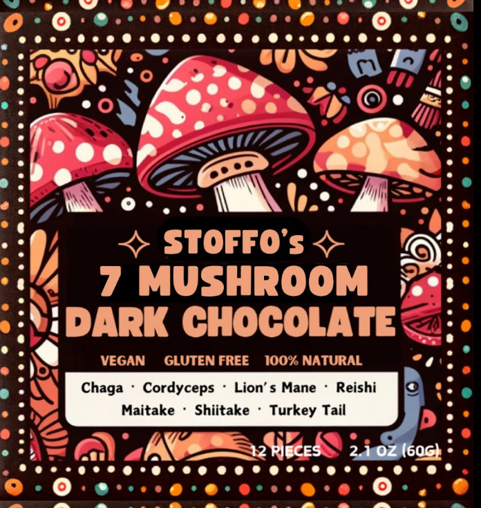Stoffo’s 7 Mushroom Dark Chocolate Bar with Chaga, Reishi, Lion’s Mane, Turkey Tail, Cordyceps, Shiitake & Maitake
