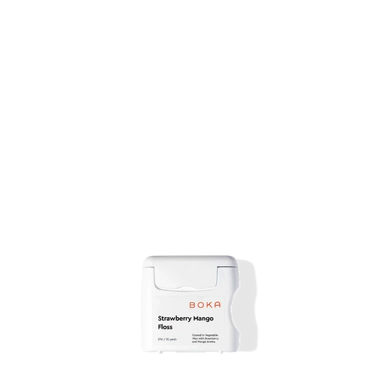 Boka Floss - Strawberry Mango in a white box with BPA-free, vegetable wax coating on black background.