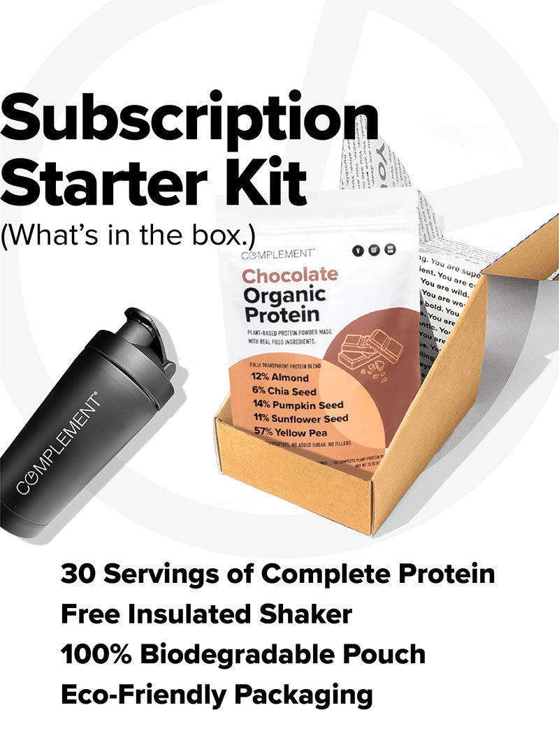 Pouch of Chocolate Organic Protein, with text: 89 calories, 15g protein, 3g net carbs, 30 servings and zero added sugar"