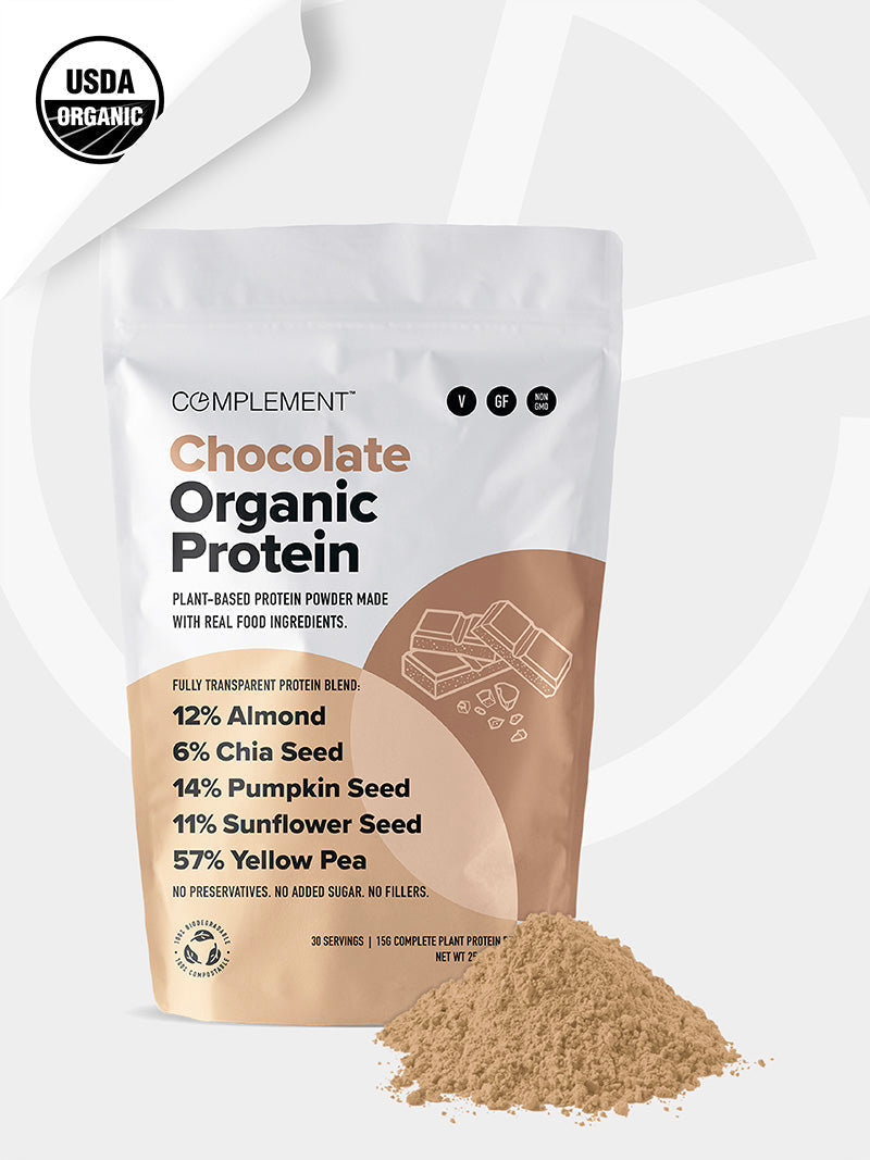 Pouch of Chocolate Organic Protein, with text: 89 calories, 15g protein, 3g net carbs, 30 servings and zero added sugar"