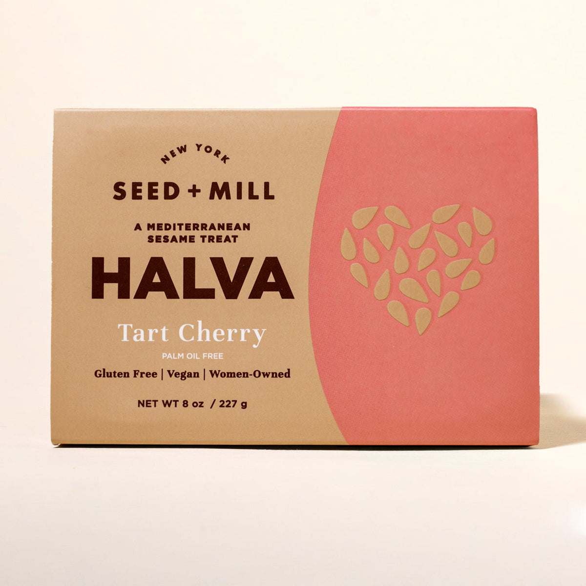 Box of Seed + Mill Tart Cherry Halva on a beige background