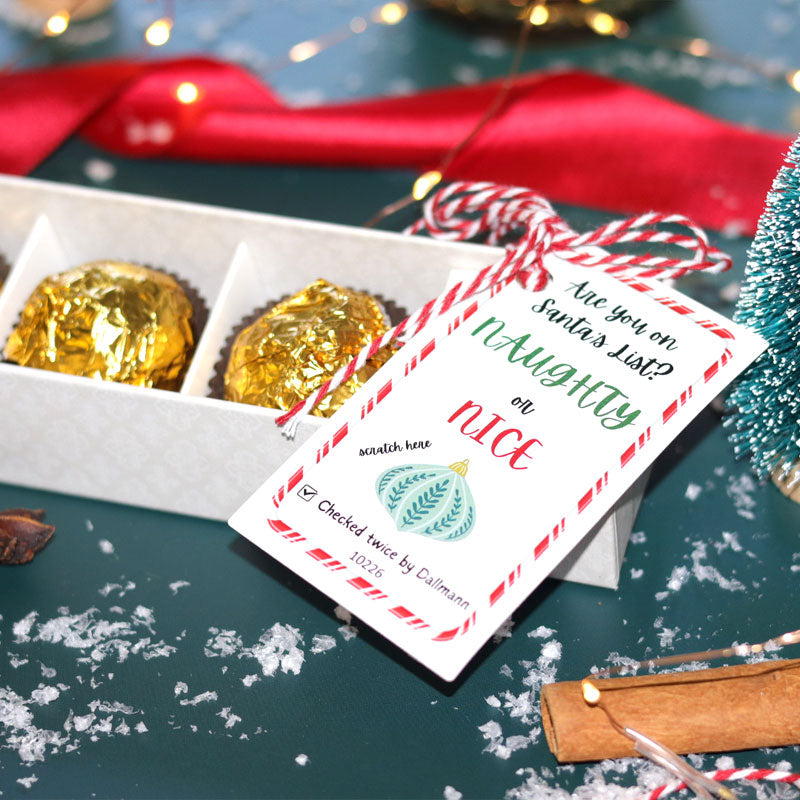 **VEGAN** Naughty Or Nice 4 Piece Holiday Chocolate Stocking Stuffer Sleeve - Dubai-inspired Knafe Chocolate Flavor