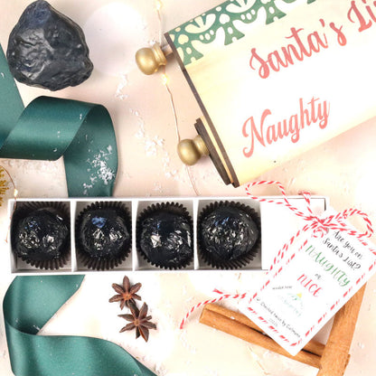 **VEGAN** Naughty Or Nice 4 Piece Holiday Chocolate Stocking Stuffer Sleeve - Dubai-inspired Knafe Chocolate Flavor