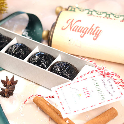 **VEGAN** Naughty Or Nice 4 Piece Holiday Chocolate Stocking Stuffer Sleeve - Dubai-inspired Knafe Chocolate Flavor