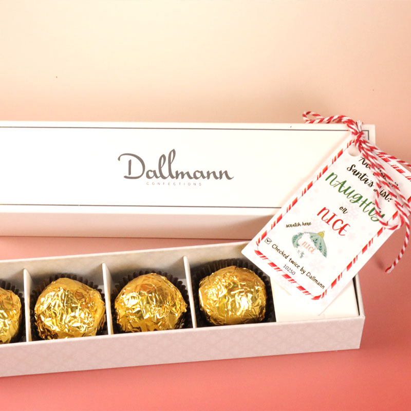 **VEGAN** Naughty Or Nice 4 Piece Holiday Chocolate Stocking Stuffer Sleeve - Dubai-inspired Knafe Chocolate Flavor