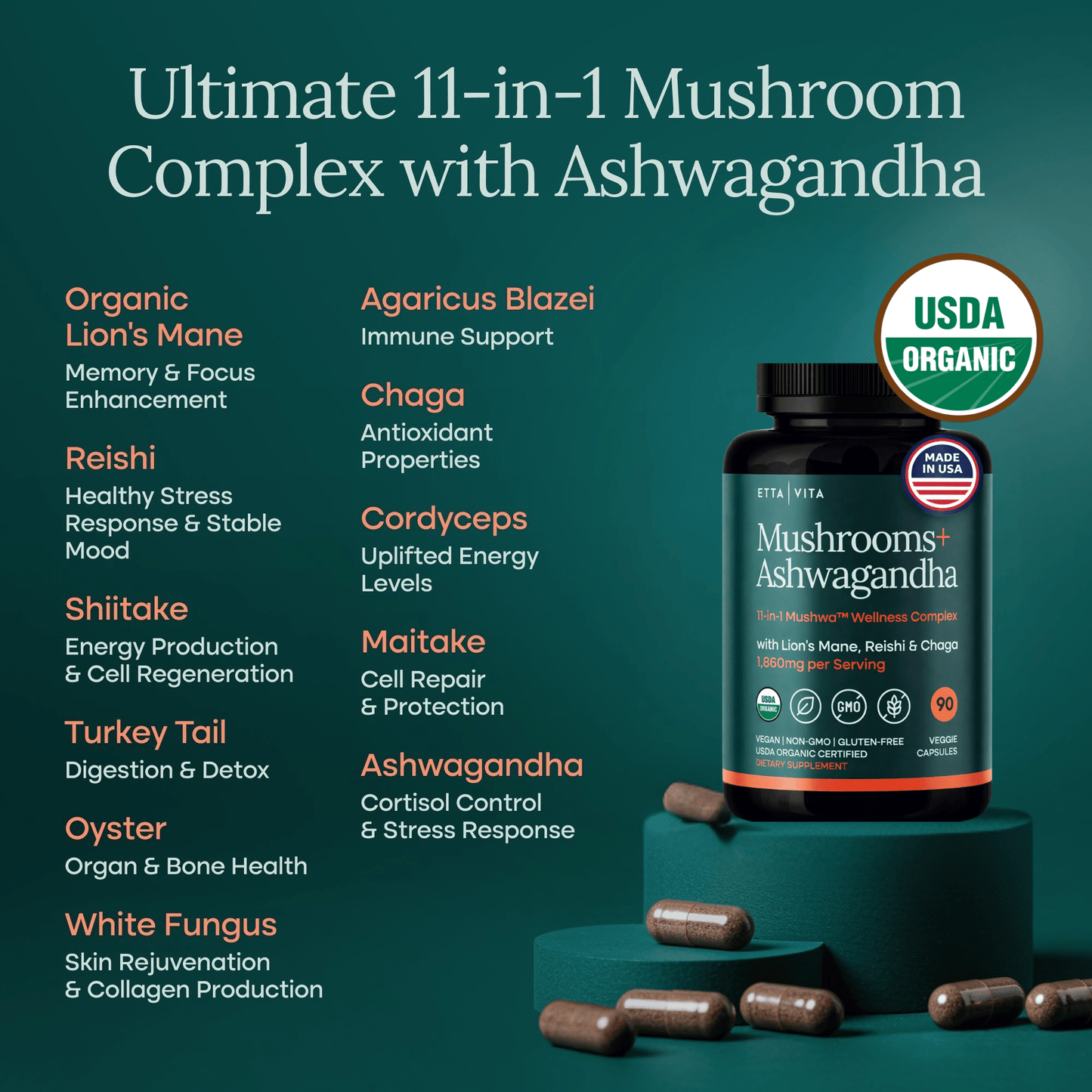USDA Organic Lions Mane Supplement Capsules with Ashwagandha, Chaga, Reishi, Cordyceps, Turkey Tail - Vegan America