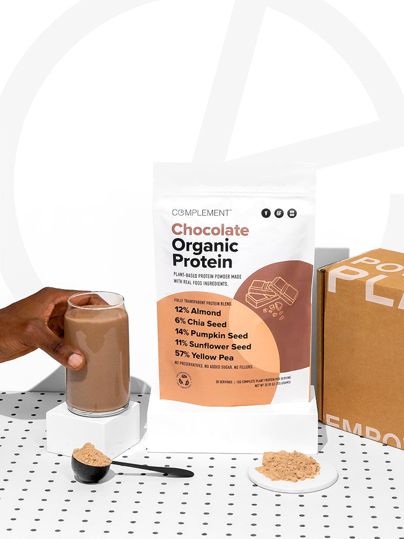 Pouch of Chocolate Organic Protein, with text: 89 calories, 15g protein, 3g net carbs, 30 servings and zero added sugar"