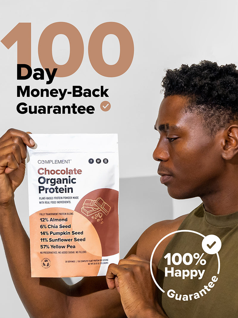 Pouch of Chocolate Organic Protein, with text: 89 calories, 15g protein, 3g net carbs, 30 servings and zero added sugar"