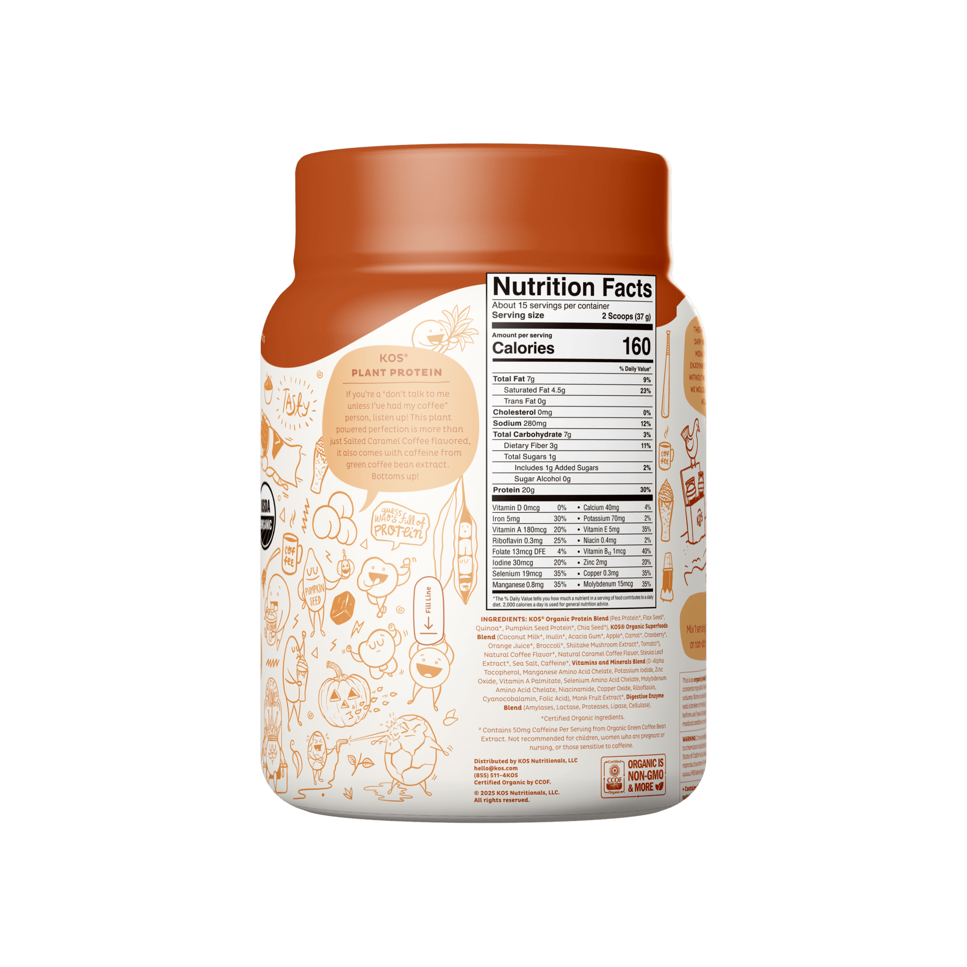 KOS Organic Plant Protein, Salted Caramel Coffee, 15 Servings - Vegan America