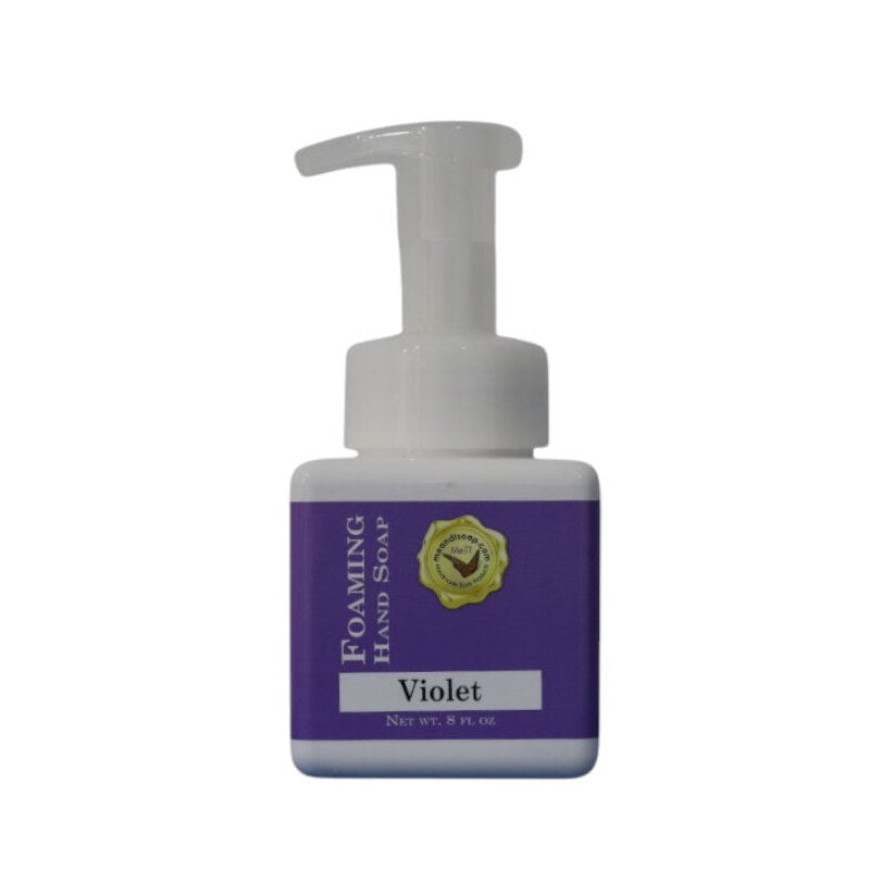 Violet foaming hand soap shown in a square white pump bottle with a purple label